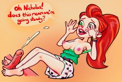 1boy 1girls aged_up breasts cum cumshot drawthread_request english_text female footjob lila_draper_(polly_pocket_(2018)) male partial_male penis polly_pocket_(2018) polly_pocket_(series) red_hair redlever text text_bubble