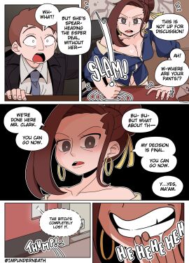 1girls boss_and_employee brown_hair cleavage color comic disguise earrings ellie_skinsuit english_text evil_smile female genderswap genderswap_(mtf) imposter impunderneath male_in_female_body office original original_character pants_down perfect_disguise possessed possession skinsuit