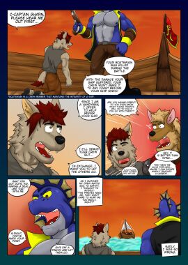 abs anthro aquatic_dragon begging black_clothing black_coat black_topwear blue_body blue_scales boat bottomwear brown_body brown_bottomwear brown_clothing brown_eyes brown_fur brown_pants canid canine canis captive_(vju79) captive_(vju79)_:_part_ii clothing coat cobby_(vju79) comic crewmate_(pirate) dialogue dragon ear_fins english_honorific english_text escaping fin flag flag_(object) flag_on_vehicle flintlock frill_(anatomy) fur gharn_(vju79) grey_clothing grey_shirt grey_topwear group hair head_crest head_frill hi_res honorific intimidation kneeling male mammal marine motion_lines motion_outline multicolored_body muscular muscular_anthro muscular_male mythological_creature mythological_scalie mythology name_drop name_in_dialogue narration nervous nervous_sweat on_boat on_vehicle open_mouth page_2 pants parallel_speed_lines pecs pirate pointy_speech_bubble rear_view red_hair sailing_boat sailing_watercraft scales scalie sea ship shirt speech_bubble speed_lines standing stuttering tail text text_box thought_bubble topwear two-tone_body vehicle vju79 water watercraft wolf yelling yellow_sclera
