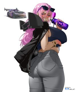 1girls absurd_res absurd_resolution absurdres ass ass_focus big_ass big_breasts blue_eyes blush boost_(cars) bracelet breasts cars_(film) color colored dark-skinned_female dark_skin disney drool_string female female_only fingernails high_res high_resolution highres humanized jacket jacket_on_shoulders jeans leather_jacket long_fingernails long_hair massive_boobs massive_breasts nisp_art original pink_hair pink_nail_polish pixar sunglasses sunglasses_on_head sweating sweaty tank_top water_bottle