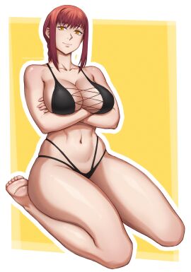 1girls bikini black_bikini breasts chainsaw_man crossed_arms female makima_(chainsaw_man) mangho red_hair ringed_eyes simple_background sitting solo swimsuit thighs unusual_anatomy unusual_eyes unusual_pupils yellow_eyes