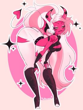 1girls bare_shoulders big_breasts blush breasts clothed clothing color demon female female_focus female_only helluva_boss hi_res large_breasts long_hair pink_body pink_eyes pink_hair pink_skin rotbunne solo solo_female succubus succubus_horns succubus_tail tagme tattoo thick_thighs verosika_mayday_(helluva_boss)