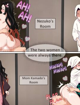 1boy 2girls ass ass_grab big_ass cowgirl_position cum demon_slayer female_on_top incest kamado_kie kamado_nezuko kamado_tanjirou kimetsu_no_yaiba kissing sex thighs xvanana100