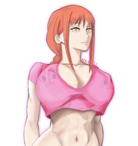 1girls abs anime big_breasts breasts chainsaw_man crop_top female fit fit_female half-dressed koiboi makima_(chainsaw_man) pink_topwear pochita_(chainsaw_man) solo_female topwear yellow_eyes