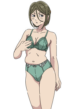 bra breasts brown_hair cleavage female female_only gegege_no_kitarou hair_between_eyes kitarou_tanjou_gegege_no_nazo lingerie milf osada_toshiko panties plump sacosaco_re0 short_hair small_breasts solo underwear