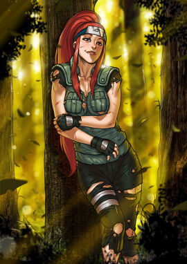 1girls 2024 2d 2d_(artwork) against_tree bandage bandaged_leg black_gloves blue_eyes blush breasts cleavage clothed clothed_female detailed_background female female_focus female_only fingerless_gloves forehead_protector ganassa gloves headband hi_res high_resolution highres human human_only jacket konohagakure_symbol kushina_uzumaki light-skinned_female light_skin lips lipstick long_hair makeup mature mature_female medium_breasts milf naruto naruto:_road_to_ninja naruto_(series) naruto_shippuden outdoors outside pale-skinned_female pale_skin pink_lips pink_lipstick pinup ponytail pose posing questionable red_hair ripped_clothing ripped_pants scars sfw shounen_jump shueisha solo solo_female solo_focus standing tied_hair uzumaki_kushina very_high_resolution very_long_hair weekly_shonen_jump