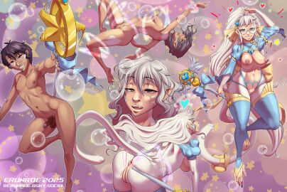 bow_accessory clothing eyewear female fur gender_transformation glasses haplorhine legwear magical_girl_outfit magical_girl_wand male mammal monkey nude nude_male primate thigh_highs transformation white_body white_fur