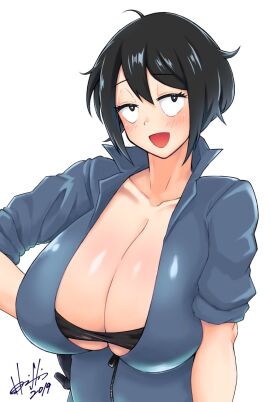 1girls 30th_video_rentals :d alternate_breast_size ass big_ass big_breasts black_eyes black_hair breasts chuuko_rental cleavage clothing curvy fanart female gloves half-closed_eyes hori_shin_(horishin1986) horishin1986 huge_breasts indie_virtual_youtuber jumpsuit kataochi_chuuko large_breasts mob_face nakako_kataochi plump smiling thick thighs virtual_youtuber vtuber
