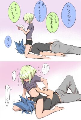 2boys androgynous aus_vaka blonde_hair blush bob_cut bulge embarrassed erection facesitting femboy fully_clothed galo_thymos gay grabbing_waist lio_fotia male oral petite petite_body promare short_hair size_difference slim_male slim_waist tagme twink waist_grab yaoi