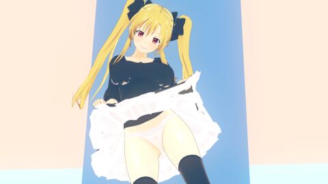 2021 3d big_breasts blonde_eyebrows blonde_hair breasts butt_cheeks female female_focus female_only from_below koikatsu light-skinned_female light_skin long_hair looking_at_viewer panties peach_boy_riverside red_eyes saltorine_aldike showing_panties simple_background skirt skirt_lift smirk thighhighs thighs twintails