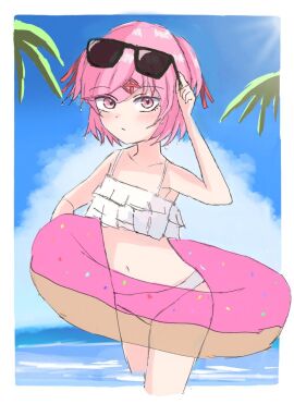 1girls 2b_enpituu doki_doki_literature_club eyewear eyewear_on_head female female_focus glasses natsuki_(doki_doki_literature_club) not_porn pink_eyes pink_hair safe safe_for_work sfw solo_focus sunglasses