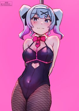 1girls arms_behind_back blue_eyes blue_hair blush bunnysuit detached_collar female female_only fishnet_pantyhose hatsune_miku heart_cutout hi_res jackrockhardt looking_at_viewer mv_character neck_ribbon pantyhose pink_background rabbit_hole_(deco*27/caststation) rabbit_hole_(vocaloid) smiling smiling_at_viewer smug solo twintails vocaloid