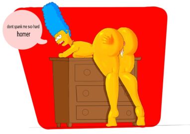 20th_century_studios accurate_art_style ass ass_focus asshole blue_hair dialog dialogue female marge_simpson massive_ass milf mommy mother pussy red_background red_pussy simpsons spanked spanked_ass spanked_butt spanking the_simpsons white_background yellow_body yellow_skin