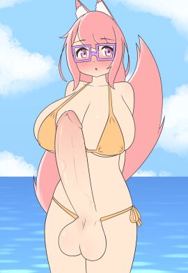 1futa animal_ears balls big_breasts blush breasts clothed clothing erection female fox_girl futa_only futanari glasses huge_balls huge_breasts huge_cock humanoid intersex kemonomimi light-skinned_futa light_skin mostly_nude penis pink_eyes pink_hair precum rikka_(xrayuri) self_upload solo swimsuit tail testicles veins veiny_penis xrayuri