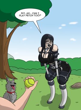 amputee ball_(object) big_lips bimbo bimbo_lips black_lipstick canine cleavage collar collar_tag english_text female female_focus fully_clothed glasses goth goth_girl lipstick makeup outdoors outside petplay png prosthetic_limb quadruple_amputee shiny_clothes speech_bubble sternenschauer text thick_lips tight_clothing