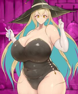 1girls blonde_hair breasts earrings female gloves icicle_(circle) impossible_clothes large_breasts skindentation slightly_chubby thick_thighs twitter_link vial witch_hat yellow_eyes