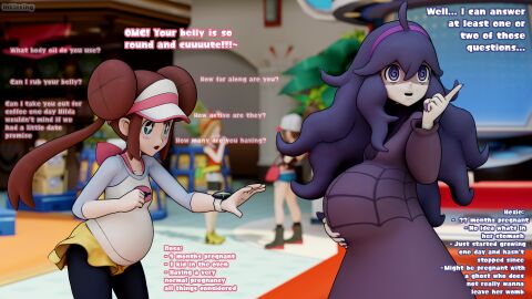 2girls 3d belly big_belly blender blender_(software) blender_cycles blue_eyes blush bow brown_hair character_in_background dialogue dress female female_only game_freak hair hair_between_eyes hair_bun hairband hat hex_maniac hi_res hilda_(pokemon) inkloving long_hair long_sleeves looking_at_another looking_away looking_up may_(pokemon) may_(pokemon_oras) multiple_females multiple_girls multiple_pregnancies nail_polish nails open_mouth painted_nails pointing_up pokemon pokemon_bw pokemon_masters pokemon_xy pregnant pregnant_belly pregnant_female purple_eyes purple_hair reaching_out rosa_(pokemon) shirt skirt star_eyes starry_eyes swirly_eyes watch watermark