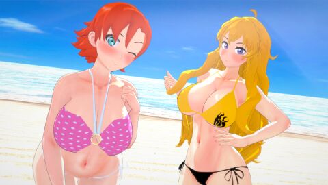2girls beach big_breasts bikini bikini_bottom bikini_top blonde_female blonde_hair blue_eyes breasts cleavage female female_only human long-haired_female long_hair multiple_females multiple_girls nakadashi_(artist) nora_valkyrie orange-haired_female orange_hair pose posing purple_eyes rwby yang_xiao_long