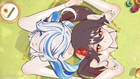 2girls 3d amber_eyes blender blenderchad blue_eyes breasts brown_hair cleavage cute female flower_in_hair furina_(genshin_impact) genshin_impact heterochromia hot_spring hoyoverse hu_tao_(genshin_impact) kneeling long_hair looking_up micro_bikini mihoyo outdoors skimpy slim_waist small_breasts smooth_skin symbol-shaped_pupils tagme thighs twintails two_colored_hair wet_body wet_skin white_hair