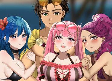 1boy 3girls alternate_costume bangs bikini black_bikini black_swimsuit blue_eyes braid braided_ponytail breasts brown_bikini brown_eyes brown_hair brown_swimsuit byleth_(fire_emblem) byleth_(fire_emblem)_(female) claude_von_riegan claude_von_riegan_(summer) claude_von_riegan_(summer)_hilda_valentine_goneril cleavage female female_focus fire_emblem fire_emblem:_three_houses fire_emblem_heroes green_eyes group_hug harem highres hilda_valentine_goneril hilda_valentine_goneril_(summer) hug large_breasts long_hair looking_at_viewer male medium_breasts medium_hair multiple_females multiple_girls nintendo official_alternate_costume petra_macneary petra_macneary_(summer) pink_bikini pink_swimsuit ponytail purple_hair sandwiched short_hair smile swimsuit tara_(szzj7733) teal_hair twintails