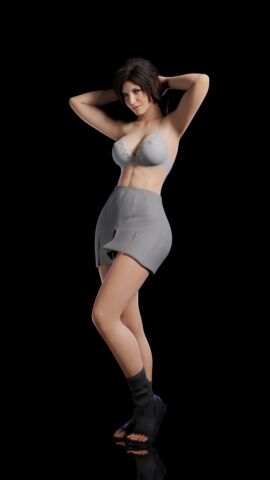 3d armpits arms_up black_hair bra breasts brown_eyes cleavage female full_body realistic short_hair skirt socks solo standing underwear