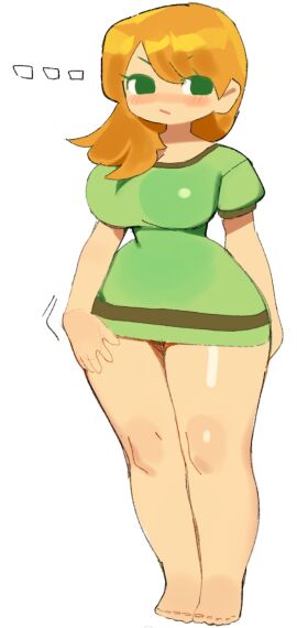 alex_(minecraft) ass bare_thighs barefoot breasts clothed female female_focus female_only ginger ginger_hair green_dress hourglass_figure large_ass large_breasts minecraft red_hair short_dress solo wamudraws