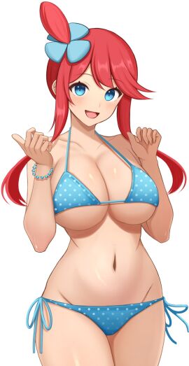 big_breasts bikini blue_bikini blush breasts female large_breasts open_mouth pokemon pokemon_bw polka_dot_bikini skyla_(pokemon) smile surippa1010