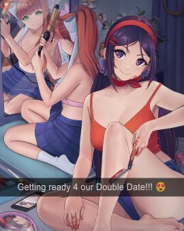 2girls blade blue_skirt bra breasts cleavage crossover dismaiden doki_doki_literature_club double_date female green_eyes long_hair mirror mirror_reflection miside mita_(miside) monika_(doki_doki_literature_club) phone pink_bra plural_dating purple_eyes purple_hair skirt yandere