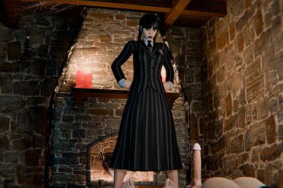 1boy 1girls 3d black_dress black_hair blender cfnm clothed_female clothed_female_nude_male dick enigmaj female fortnite jenna_ortega light-skinned_male nude nude_male penis wednesday_addams