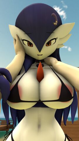 1girls 3d areolae beach bikini bikini_bottom bikini_top black_bikini breasts chandra_(lucyfercomic) choker female gardevoir hair_ornament hand_on_another's_arm hand_on_another's_cheek hand_on_another's_head hand_on_chest hand_on_head happy heart-shaped_pupils heart_choker heart_eyes large_breasts looking_at_viewer meddlade moon_hair_ornament open_mouth open_smile pokemon pokemon_(species) pov pov_eye_contact pov_hands purple_hair purple_skin sfm sky smile solo_focus water xgonngivit yellow_eyes