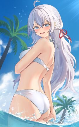 1girls ahoge alisa_mikhailovna_kujou ass back bare_arms bare_legs bare_shoulders bare_thighs bikini blue_eyes blush breasts female female_only hair_ribbon long_hair medium_breasts open_mouth outdoors russian shiny_skin shoulder_blades smile solo thighs tokidoki_bosotto_russian_de_dereru_tonari_no_alya-san una_hirag wading water white_hair