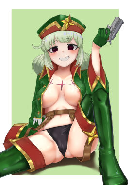 1girls araga_kiwi black_panties breasts cameltoe dark_magical_girl female green_background green_hair gun leopard_(mahou_shoujo_ni_akogarete) leoparde_(mahou_shoujo_ni_akogarete) light-skinned_female light_skin magical_girl mahou_shoujo_ni_akogarete marilyn12_25 nipple_slip panties pussy solo