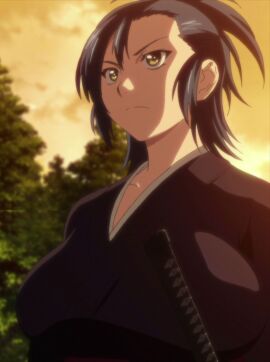 alternate_hairstyle black_kimono blue_hair breasts covered_breasts female hair_up highres hiraku_kaneko japanese_clothes katana kimono large_breasts manyuu_chifusa manyuu_hikenchou ponytail serious sunset sword tomboy weapon yellow_eyes