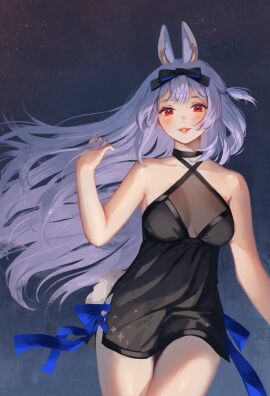 1girls animal_ears bangs bare_arms bare_shoulders black_choker black_dress blue_ribbon blush bow breasts bunny_ears bunny_girl choker cowboy_shot criss-cross_halter dress eyebrows_visible_through_hair female female_only hair_ribbon halterneck hand_up lips long_hair looking_at_viewer medium_breasts nail_polish parted_lips purple_hair red_eyes ribbon short_dress silver_hair sky small_breasts smile solo standing tail thighs very_long_hair virtual_youtuber vyugen yenko