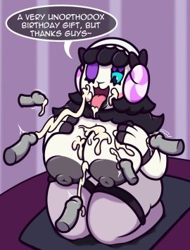 1girls 2025 5boys animal_crossing big_breasts big_nipples black_hair black_nipples blue_eyes breasts cum cum_on_breasts cum_on_face cumshot female female_focus furry horns male mr.under muffy_(animal_crossing) nintendo nipples one_eye_closed penis purple_background purple_eyeshadow purple_horns sheep thick_thighs thighhighs thighs tongue tongue_out white_body white_fur