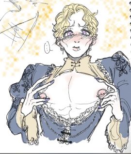 blushing_at_viewer chest_exposed diamond_is_unbreakable donocho fancy_clothing jojo's_bizarre_adventure lace lace_trim male male_focus male_only nipple_piercing nipples piercing queen royalty submissive_male yoshikage_kira