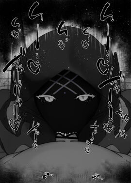 1boy 1girls :>= artoria_pendragon bare_shoulders big_breasts big_penis black_and_white blowjob blush breasts censored dark-skinned_male dark_skin detailed_background drooling eyelashes fate/grand_order fate_(series) fellatio fellatio_under_mask female heart hood human indoor inside interracial kurotama looking_at_viewer male male_pov mask mysterious_heroine_x_(alter) oral oral_sex penis room saliva shiny shiny_skin sketch sound_effects squatting sweat text vein veins veiny veiny_penis