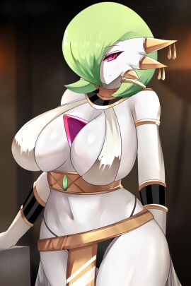1girls :3 antennae arabian_clothes arm_bracers armlet arms bare_shoulders belly between_breasts black_armlet black_panties blurry blurry_background blush bob_cut body_blush bracelet breasts brooch brown_background cameltoe colored_skin ear earrings emerald_(gem) emerald_(gemstone) eyebrows eyelashes fairy fairy_type female g-string gardevoir gen_3_pokemon generation_3_pokemon gold gold_belt gold_earrings gold_trim green_brooch green_hair half-closed_eyes hand_on_counter highres indoors jewelry large_breasts legs long_arms long_ears long_eyelashes long_legs narrowed_eyes naughty_face navel nintendo panties pink_eyes pixiv pixiv_commission pixiv_id pixiv_link pixiv_username png png_file pointy_ears pokemon pokemon_(creature) pokemon_(species) pokémon_(species) psychic psychic_type pussy red_eyes sana!rpg shiny_skin short_hair sideboob smile thick_eyelashes thick_thighs thighs thong underwear white_bra white_skin wide_hips