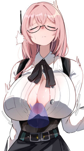 1boy absurdres amekurage999 big_breasts blush breasts center_opening cleavage closed_eyes closed_mouth cowboy_shot female glasses hair_between_eyes highres large_breasts long_hair male out_of_frame paizuri penis pink_hair shirt sidelocks simple_background solo_focus sweatdrop trembling tsukishiro_yanagi unbuttoned variant_set white_background white_shirt zenless_zone_zero