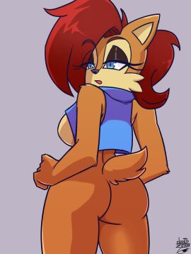 anthro archie_comics ass bottomless chipmunk clothed clothing deathzera female ground_squirrel hi_res looking_at_viewer looking_back low-angle_view mammal rear_view rodent sally_acorn sciurid sega simple_background small_butt solo sonic_(series) sonic_the_hedgehog_(archie) sonic_the_hedgehog_(comics) sonic_the_hedgehog_(series) squirrel tail