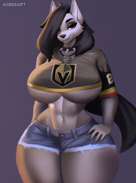 1girls 2020s 2024 2d 2d_(artwork) 5_fingers abs anthro anthro_only aozee big_breasts big_thighs black_hair black_tail breasts busty choker collar eyebrows eyelashes female female_focus female_only goth goth_girl grey_body grey_fur hair_over_one_eye hand_on_hip hi_res highres hips hourglass_figure huge_breasts jean_shorts jersey large_breasts large_thighs long_hair midriff navel purple_eyes shorts smile smiling_at_viewer solo solo_female solo_focus spiked_collar tail thick_thighs thighs toned toned_female underboob vegas_golden_knights wide_hips wolf wolf_ears wolf_girl