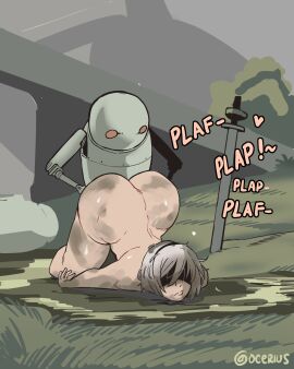 ass ass_bigger_than_head ass_grab ass_up background big_ass big_butt bigger_female blindfold curvy_hips defeated defeated_heroine dirty emotionless emotionless_female emotionless_sex eyewear face_down_ass_up fat_ass female head_down_ass_up hips implied_sex instant_loss large_ass large_butt machine_lifeform messy_hair mud muddy naked naked_female nier:_automata nier_(series) ocerius on_ground on_the_floor onomatopoeia outdoors plap robot robot_on_female robot_on_human sweat sweatdrop thick_thighs top-down_bottom-up white_hair wide_hips yorha_2b