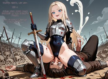 ai_generated asphyxiation blonde_hair bodysuit bondage cowgirl_position cum cum_everywhere cumshot detailed_background dominant dominant_female evil_smile eyes_rolling_back facesitting fantasy female female_facesitting_male femdom ftdeathai glowing_eyes hypnotic_eyes leotard male medival pussy sitting_on_face sitting_on_person smothering smug submissive submissive_male thick_thighs thigh_boots thighboots thighhighs warrior