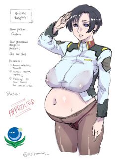 1girls bad_end belly big_belly big_breasts black_hair brainwashing breasts cameltoe earth_alliance empty_eyes erect_nipples female gundam gundam_seed huge_breasts hypnosis mature_female milf mind_control moistman natarle_badgiruel nipple_bulge nipples nipples_visible_through_clothing panties pregnant pregnant_female pussy salute short_hair solo sweat text very_short_hair