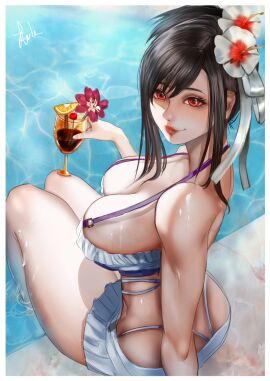 1girls arialla_draws big_breasts black_hair breasts cleavage drink female final_fantasy final_fantasy_vii final_fantasy_vii_remake flower flower_in_hair looking_at_viewer looking_back pool poolside red_eyes sitting smile solo swimsuit tifa_lockhart tifa_lockhart_(shining_spirit)