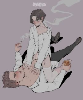 2boys alcohol alcoholic_drink anal bara blush cigarette cute cute_face daddy daddy_and_twink dilf drink drunk femboy gay gay_sex hickey hickey_marks hickeys_on_neck implied_anal implied_penetration implied_sex luisl4nd male male/male male_only muscular muscular_male penis penis_bulge pubic_hair sitting sitting_on_person size_difference smoke smoking stockings yaoi