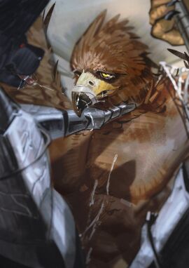 absurd_res anthro armor avian beak bird bodily_fluids brown_body brown_feathers clothed clothing cum cum_on_body duo elden_ring elden_ring_nightreign feathers fromsoftware genital_fluids guardian guardian_(nightreign) hi_res holding_neck male muscular muscular_male pecs red_eyes saliva saliva_string simple_background toothlee yellow_beak yellow_eyes