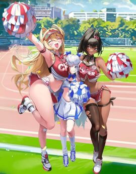 3girls bay_(nikke) big_breasts breasts cheerleader cheerleader_outfit cheerleader_uniform chocolate_and_vanilla clay_(nikke) female goddess_of_victory:_nikke mole navel official_art poli_(cheer_up_police)_(nikke) poli_(nikke) pompoms screenshot size_difference tanline tanned yuri