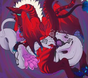 2boys 69_position absurd_res alien anthro bodily_fluids breath clitoris cuntboy dragon duo enlarged_clitoris feet fellatio foot_fetish foot_focus futanari genitals ghost_(mute-owl) hi_res hindpaw horn intersex intersex/intersex licking long_tail long_tongue male male_only mammal markings monster mute-owl mutual_fellatio mutual_oral mythological_creature mythological_scalie mythology oral oral_penetration panting pawpads paws penetration penile penis pussy reptile ribbon_(mute-owl) scalie sex striped_markings stripes sweat sweatdrop tail teeth text tongue tongue_out tonguejob toothy_fellatio wings