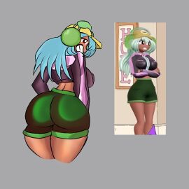 1girls ass ass_focus dark-skinned_female dark_skin dolly_dimpley female female_focus female_only from_behind green_shorts hat headphones looking_at_viewer looking_back onlypac1 reference_image screenshot shorts smiling smiling_friends smirk thighs